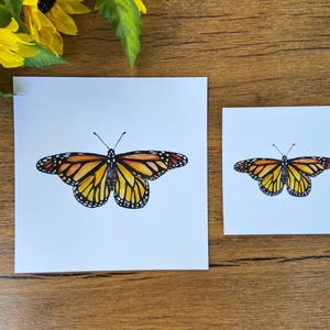 Może przedstawiać: Dwie białe kartki z czarnymi obramowaniami, każda z ręcznie narysowanym motylem monarchą. Motyl na większej kartce jest większy i bardziej szczeg&oacute;łowy niż motyl na mniejszej kartce.