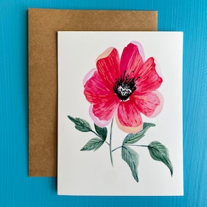 May include: A watercolor painting of a single pink flower with a red center and green leaves on a white background.