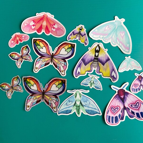 Assorted LGBTQ Love Sticker Pack Queer Love Bug Valentine Gift Subtle Pride Flag Sticker Queer Love Gift Pride Merch Moth & Butterfly Decal