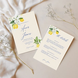 Zitrone Hochzeitseinladung bearbeitbare Vorlage | Italienischer Stil, Amalfi Hochzeitseinladung | Details | Sofort Download