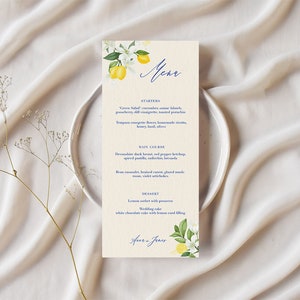 Lemon Wedding Menu and Wedding Place Card Editable Template | Italian Amalfi- Style | Wedding Stationery Set | Instant Download
