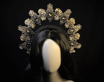 Gothic crown, Black Halo crown, headband, Black, Gold, or Silver Handmade Headpiece for Fantasy Ball, wedding, Black Evil queen crown, Goth