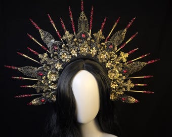 Gothic crown, Black Halo crown, headband, Black, Gold, or Silver Handmade Headpiece for Fantasy Ball, wedding, Black Evil queen crown, Goth