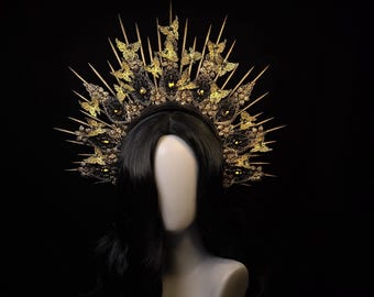 Gothic crown, Black Halo crown, headband, Black, Gold, or Silver Handmade Headpiece for Fantasy Ball, wedding, Black Evil queen crown, Goth