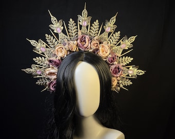 Gothic crown with flowers, Black Halo crown, headband, Black, Gold, or Silver Handmade Headpiece for Fantasy Ball, wedding, Evil queen crown