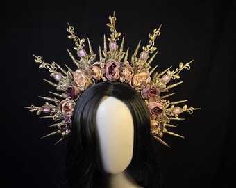 Gothic crown with flowers, Black Halo crown, headband, Black, Gold, or Silver Handmade Headpiece for Fantasy Ball, wedding, Evil queen crown