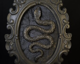 Black on black handmade Snake in vintage looking baroque frame for gothic Home decor