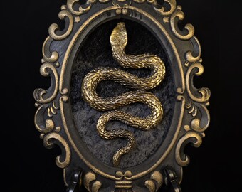 Black and gold handmade Snake in vintage looking baroque frame for gothic Home decor.