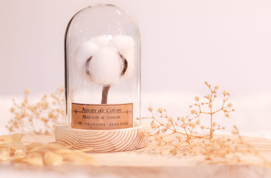 Cadeau noces de coton 1 an de mariage. dôme en verre noces de coton
