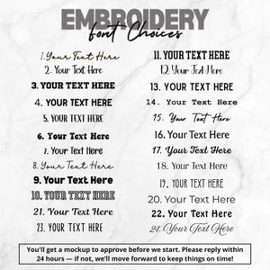 K&ouml;nnte beinhalten: Grafik mit Stickschriftarten. Das Bild zeigt 24 Schriftoptionen, jede mit "Your Text Here". Der Text "EMBROIDERY font Choices" steht oben. Eine Nachricht unten erw&auml;hnt einen Mockup zur Genehmigung.