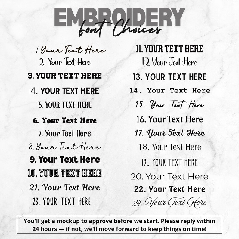 K&ouml;nnte beinhalten: Grafik mit Stickschriftarten. Das Bild zeigt 24 Schriftoptionen, jede mit "Your Text Here". Der Text "EMBROIDERY font Choices" steht oben. Eine Nachricht unten erw&auml;hnt einen Mockup zur Genehmigung.