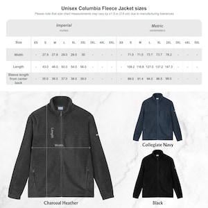 K&ouml;nnte beinhalten: Gr&ouml;&szlig;entabelle f&uuml;r Unisex Columbia Fleecejacken. Das Bild zeigt eine Fleecejacke in Anthrazit-Melange, Collegiate Navy und Schwarz. Die Tabelle enth&auml;lt Ma&szlig;e in Zoll und Zentimetern f&uuml;r Breite, L&auml;nge und &Auml;rmell&auml;nge.