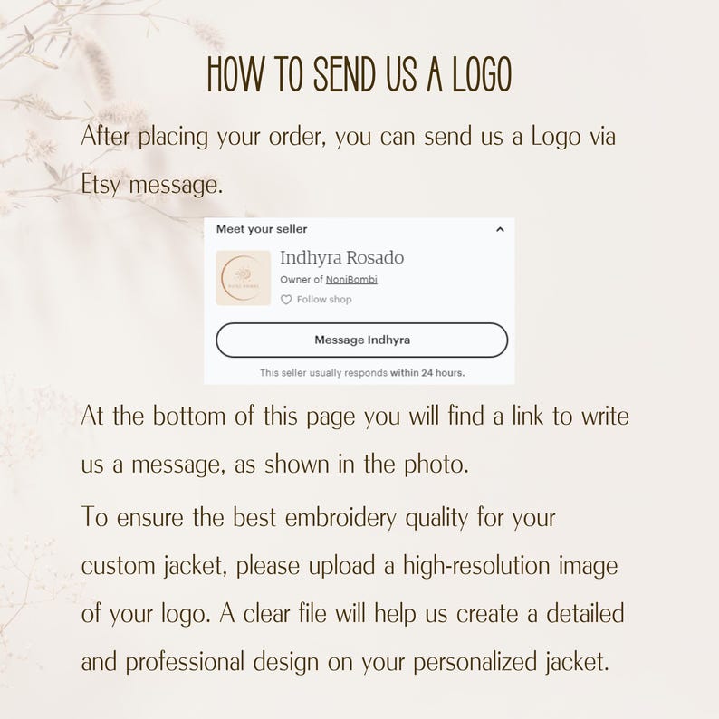 K&ouml;nnte beinhalten: Beige Grafik mit dem Text &bdquo;WIE SIE UNS EIN LOGO SENDEN&ldquo;. Anweisungen zum Senden eines Logos per Etsy-Nachricht werden bereitgestellt. Das Bild enth&auml;lt einen Screenshot des Verk&auml;uferprofils und Anweisungen zum Hochladen eines hochaufl&ouml;senden Bildes.