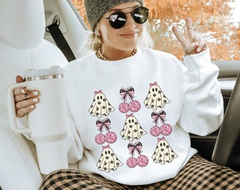 Pink Halloween Sweatshirt Cute Coquette Ghosts Cherries and Bows Design for Halloween Parties Trendy Halloween Sweatshirt Retro Halloween