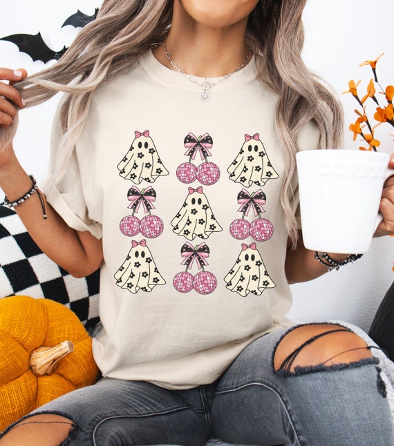 Comfort Colors Pink Halloween Shirt Cute Coquette Ghosts and Bows Halloween Shirt Comfort Colors Halloween Shirt Retro Halloween Shirt