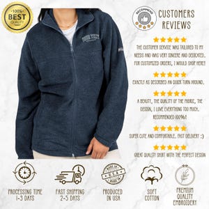 K&ouml;nnte beinhalten: Marineblaue Fleecejacke mit durchgehendem Rei&szlig;verschluss. Die Jacke hat einen hohen Kragen und den Text "YOUR TEXT" auf der Brust gestickt. Zus&auml;tzlicher Text beinhaltet "Processing Time 1-3 Days" und "Fast Shipping 2-5 Days".