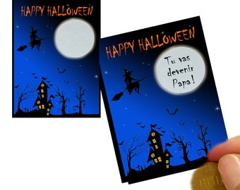 Carte à gratter annonce personnalisée thème halloween Trick or Treat /Annonce grossesse / Carte à gratter/  Message personnalisé/ sorcière/