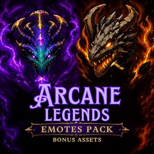 Può includere: Una grafica digitale con il testo Arcane Legends Emotes Pack Bonus Assets. A sinistra, una testa di drago viola e verde acqua circondata da energia viola. A destra, una testa di drago scura e rocciosa con occhi arancioni luminosi.