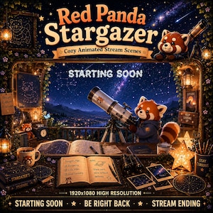 Può includere: Una grafica digitale intitolata Red Panda Stargazer che mostra un panda rosso che osserva il cielo stellato attraverso un telescopio. La scena include un diario aperto con testo, luci a forma di stella e le etichette Starting Soon, Be Right Back, Stream Ending.
