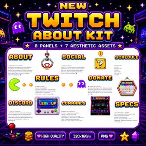 May include: A digital Twitch about kit featuring pixel art graphics. The layout includes sections for About, Social, Schedule, Rules, Donate, Discord, Commands, and Specs, decorated with icons like a claw machine, calendar, and arcade cabinet.