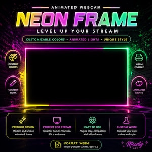 Puede incluir: Un marco de webcam animado de neón con un centro negro rectangular. El marco presenta luces de neón amarillas, rosas y verdes. El texto incluye "ANIMATED WEBCAM NEON FRAME", "LEVEL UP YOUR STREAM", "CUSTOMIZABLE COLORS", "ANIMATED LIGHTS" y "WEBM FORMAT".