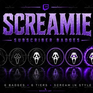 Op de afbeelding: Een set van zes digitale abonneebadges met een wit spookmasker-icoon met een zwarte capuchon. De iconen evolueren van een eenvoudige omtrek naar een ontwerp met een paarse gloed. De tekst SCREAMIE SUBSCRIBER BADGES staat in grote paarse letters.