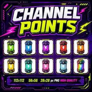 Può includere: Un set grafico digitale intitolato CHANNEL POINTS che presenta dieci contenitori cilindrici in vari colori, tra cui verde, blu, viola, rosso, arancione, giallo, turchese, rosa, bianco e arcobaleno, ognuno con un'icona a forma di fulmine bianco.