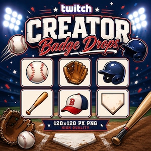 Può includere: Una grafica digitale intitolata Twitch Creator Badge Drops con icone di baseball, tra cui una palla bianca con cuciture rosse, un guanto in pelle marrone, un casco blu navy, una mazza di legno, un berretto rosso e blu con una B.