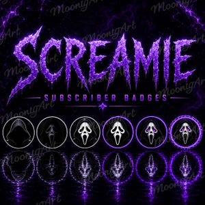 Può includere: Un set grafico digitale con il testo viola SCREAMIE SUBSCRIBER BADGES sopra sei icone circolari. Ogni icona mostra una maschera bianca spettrale con cappuccio nero, che aumenta in dettaglio e stile del bordo su uno sfondo viola scuro.