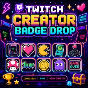 Insignias de creador de Twitch: Insignias de juegos arcade | Iconos de juegos retro pixelados PNG 120x120 | Paquete de recompensas para streamers de Twitch