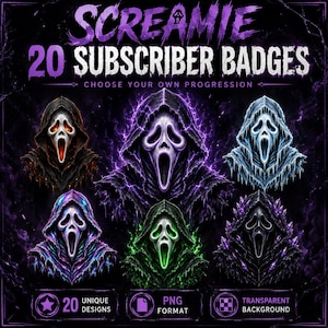 Könnte beinhalten: Eine digitale Sammlung von 20 Abonnenten-Abzeichen mit Kapuzen-Geistermasken in verschiedenen Farben und Effekten. Der Text lautet SCREAMIE 20 SUBSCRIBER BADGES, CHOOSE YOUR OWN PROGRESSION, 20 UNIQUE DESIGNS, PNG FORMAT und TRANSPARENT BACKGROUND.