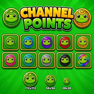 Può includere: Un set grafico digitale intitolato CHANNEL POINTS che presenta una collezione di monete circolari a tema rana in vari colori tra cui verde, blu, viola, rosso, oro, rosa, turchese, argento, nero e arcobaleno, con tre varianti di dimensioni.
