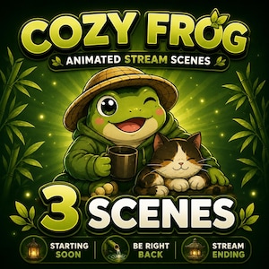 Può includere: Un grafico digitale con una rana verde che indossa un cappello di paglia e una felpa verde, che tiene una tazza accanto a un gatto calico. Il testo recita COZY FROG ANIMATED STREAM SCENES, 3 SCENES, STARTING SOON, BE RIGHT BACK e STREAM ENDING.