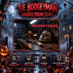Może przedstawiać: Pakiet animowanych scen do streamingu The Boogeyman zawiera grafikę w stylu horroru z białą maską i zakrwawionym nożem na stole warsztatowym. Tekst głosi THE BOOGEYMAN ANIMATED STREAM SCENES oraz BE RIGHT BACK.