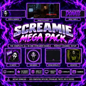 May include: A digital streamer bundle titled SCREAMIE MEGA PACK featuring a purple flame background. Includes graphics for profile banners, animated scenes, about panels, 12 emotes, sub badges, stream overlays, and aesthetics with horror-themed icons.