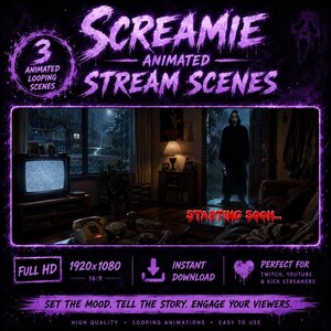 May include: A digital graphic featuring the text SCREAMIE ANIMATED STREAM SCENES with a purple glowing border. The central image shows a dark living room with a television displaying static, a rotary phone, and a figure in a black hooded mask.