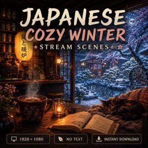 Puede incluir: Una ilustración digital titulada JAPANESE COZY WINTER STREAM SCENES que muestra una habitación de madera oscura con una taza humeante, un libro abierto, un gato durmiendo y una linterna. Fuera se ve un jardín nevado con un cerezo.