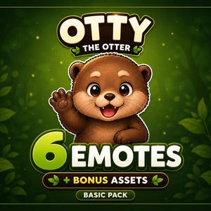 Può includere: Un grafico digitale che mostra una lontra marrone dei cartoni animati che saluta, con il testo OTTY THE OTTER, 6 EMOTES, + BONUS ASSETS e BASIC PACK in lettere bianche e verdi su uno sfondo verde scuro con illustrazioni di foglie.