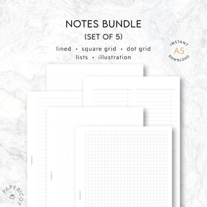 May include: A set of five printable A5 sized note pages. The pages include lined, square grid, and dot grid options. The pages are designed for lists and illustrations.