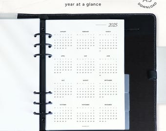 A5 2025 Calendar  •  Year at a Glance  |  dated agenda  •  planner insert  •  printable instant download  •  diary journal organizer