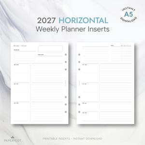 Może przedstawiać: Zestaw poziomych wkładów do planera tygodniowego na rok 2027 w formacie A5. Białe strony zawierają czarny tekst, w tym tytuł 2027 HORIZONTAL Weekly Planner Inserts, daty od 28 grudnia do 3 stycznia, sekcje dzienne oraz siatkę do śledzenia zadań.