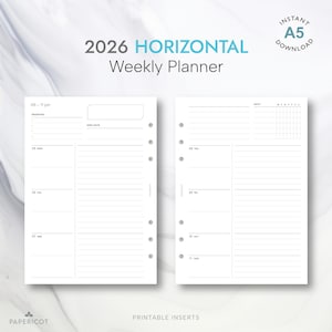 Könnte beinhalten: Ein weißer horizontaler Wochenplaner 2026 mit minimalistischem Design. Der Planer enthält Abschnitte für jeden Wochentag, Prioritäten und Notizen. Der Text "Instant A5 Download" befindet sich oben rechts.