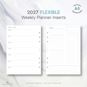 Könnte beinhalten: Ein Set von flexiblen wöchentlichen Planer-Einlagen für 2027 im A5-Format zum sofortigen Download. Die weißen Seiten enthalten schwarzen Text, darunter den Titel 2027 FLEXIBLE Weekly Planner Inserts, Tageslinien und Checkboxen.