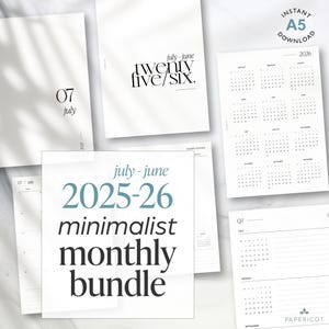 Peut inclure: Ensemble de pages de planificateur A5 minimalistes imprimables. Les pages comprennent des calendriers mensuels, un calendrier annuel 2026 et des pages de présentation mensuelles. Le texte comprend "juillet-juin 2025-26 minimalist monthly bundle".