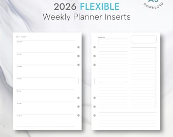 May include: A5 weekly planner inserts in white, featuring the text "2026 FLEXIBLE Weekly Planner Inserts." The planner pages have sections for dates, priorities, and to-do lists. The inserts are for instant download and are labelled "PRINTABLE INSERTS."