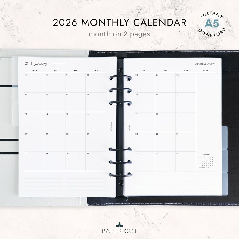2026 A5 Monthly Planner Insert: Printable Calendar (digital Download ...