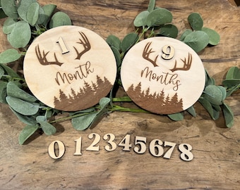 Deer Baby Monthly Milestone, Boy Monthly Photo Sign, Woodland Milestone Discs, Mountain Baby Photo Props, Deer Antlers Milestones
