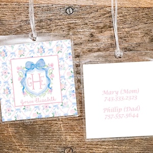 Personalized Watercolor Monogram Bag Tag, Laminated Girl Luggage Tag, Monogram Diaper Bag Tag, crest Bag Tag, girl Nursery Diaper bag tag