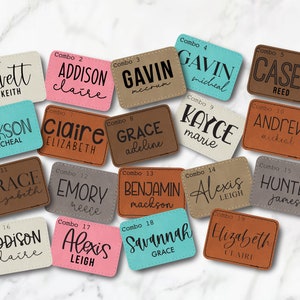 May include: Twenty leather patches with different names and combinations. The patches are in various colors, including brown, beige, gray, pink, blue, and teal. Each patch has a stitched border and a white background with black text.