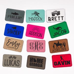May include: A collection of rectangular patches in various colors, each featuring a name or word. Designs include a fish, dinosaur, truck, and a cowboy on a horse. Names include Phillip, Maddox, Brett, Sawyer, Addison, Jacob, Emory, Adeline, Lukas, Gavin.